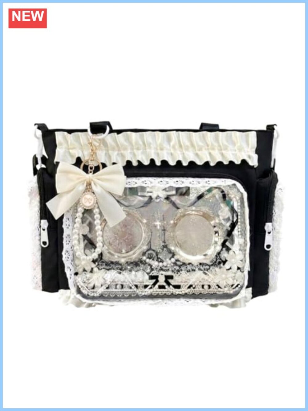 Ita Bag Clear Window Crossbody with 3 Charms Y2K Kawaii Lace Pin Display